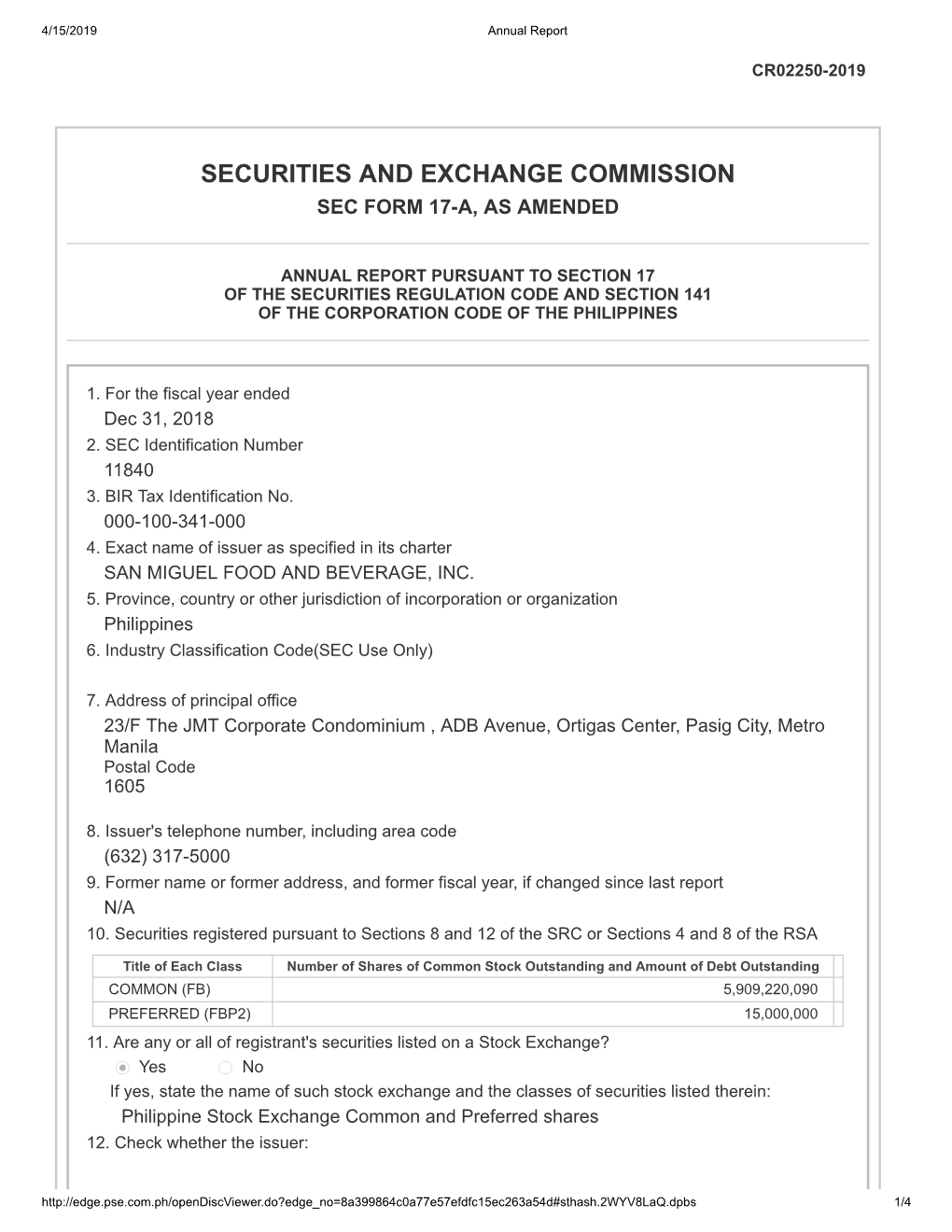 Securities and Exchange Commission Sec Form 17-A, As Amended