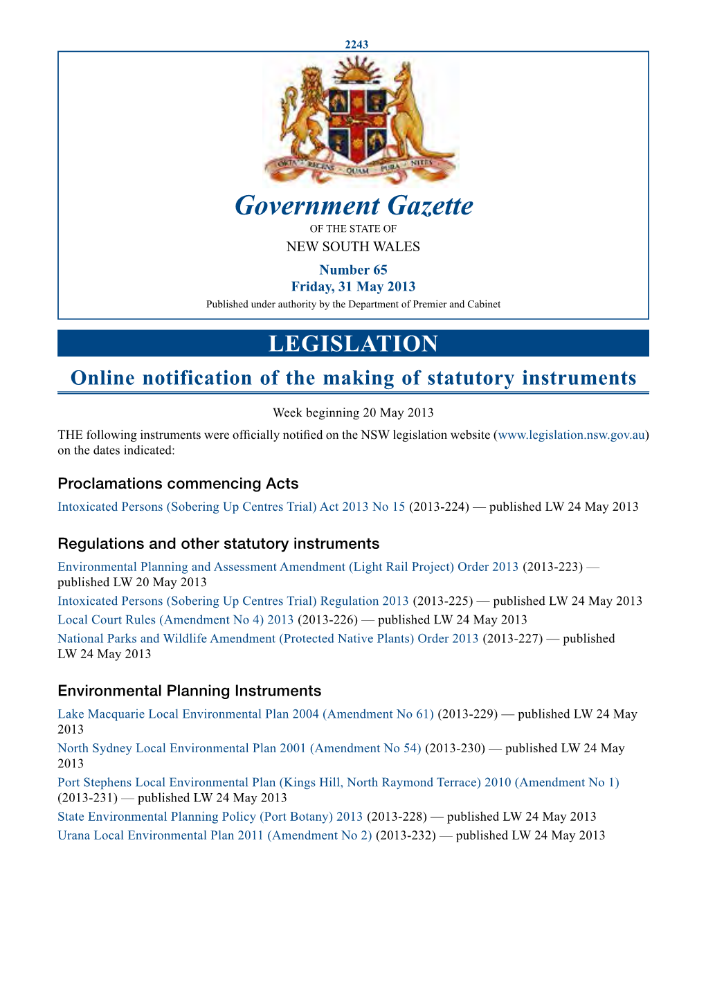 New South Wales Government Gazette No. 22 of 31 May 2013