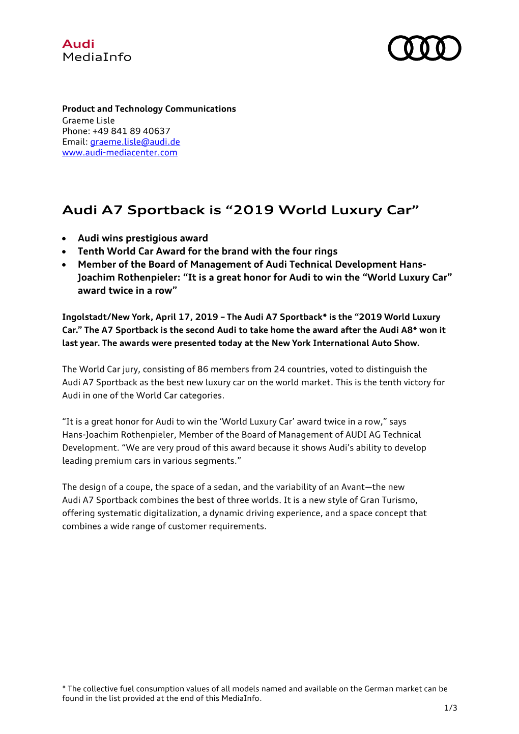 Audi A7 Sportback Is “2019 World Luxury Car”