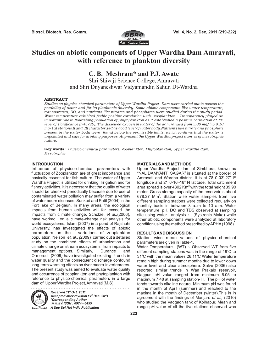 Studies on Abiotic Components of Upper Wardha Dam Amravati, with Reference to Plankton Diversity C