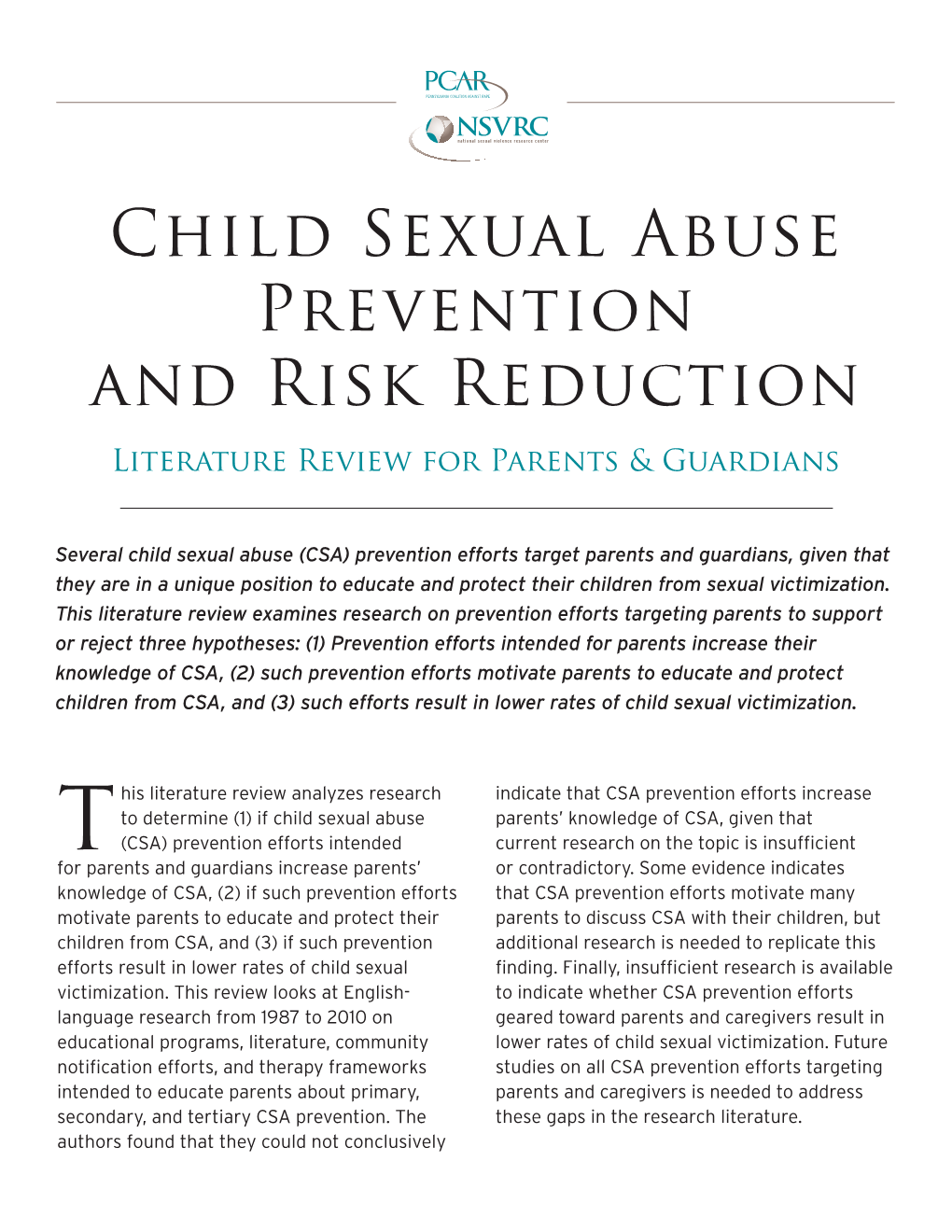 Child Sexual Abuse Prevention and Risk Reduction Literature Review for Parents & Guardians