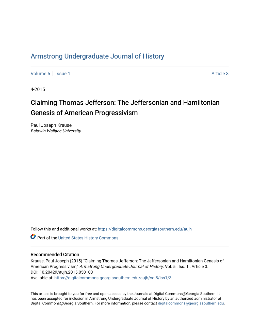 Claiming Thomas Jefferson: the Jeffersonian and Hamiltonian Genesis of American Progressivism