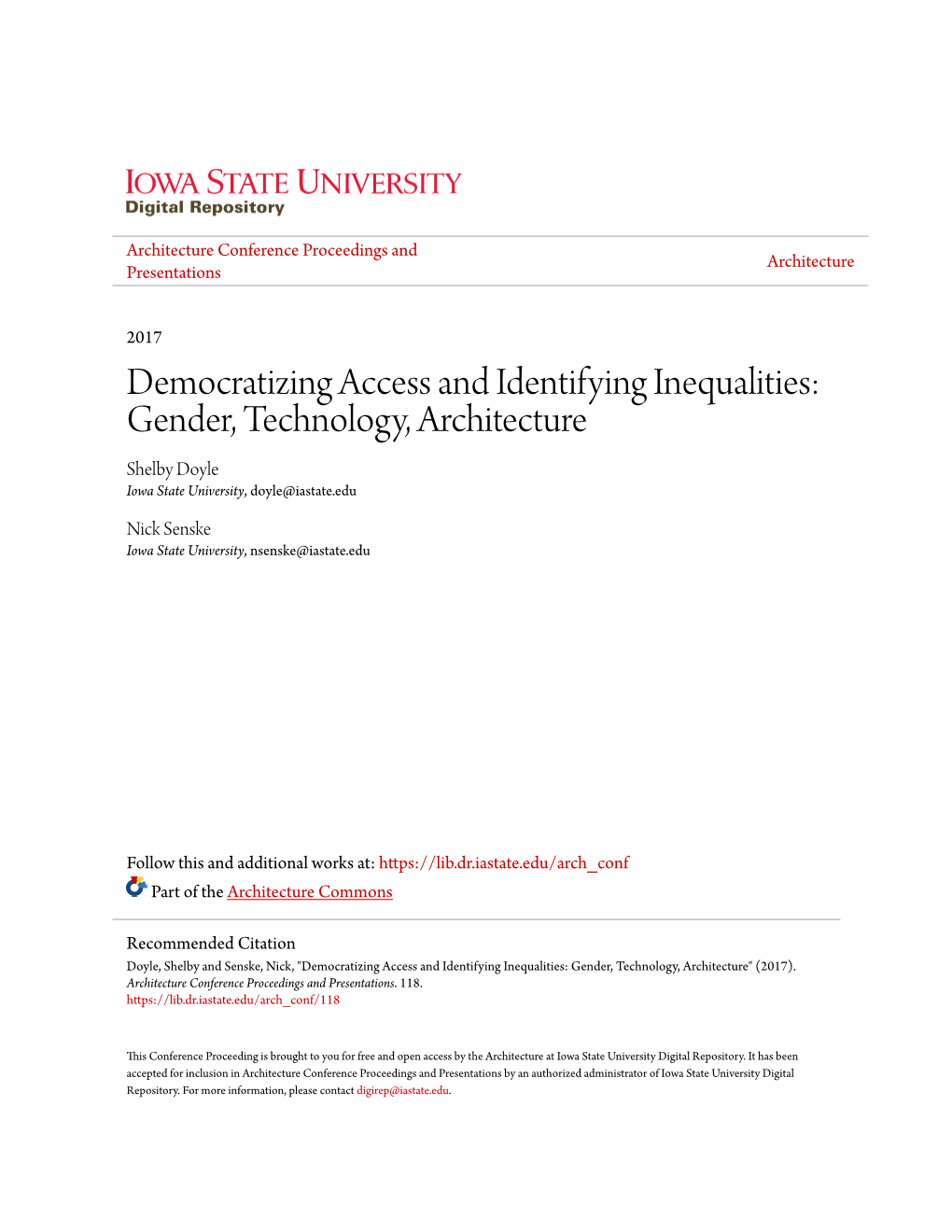 Gender, Technology, Architecture Shelby Doyle Iowa State University, Doyle@Iastate.Edu