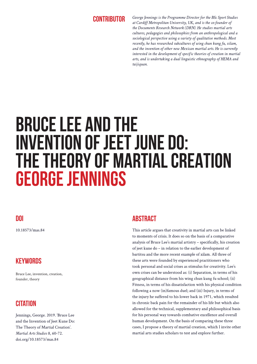 Bruce Lee and the Invention of Jeet Kune Do ARTS STUDIES George Jennings