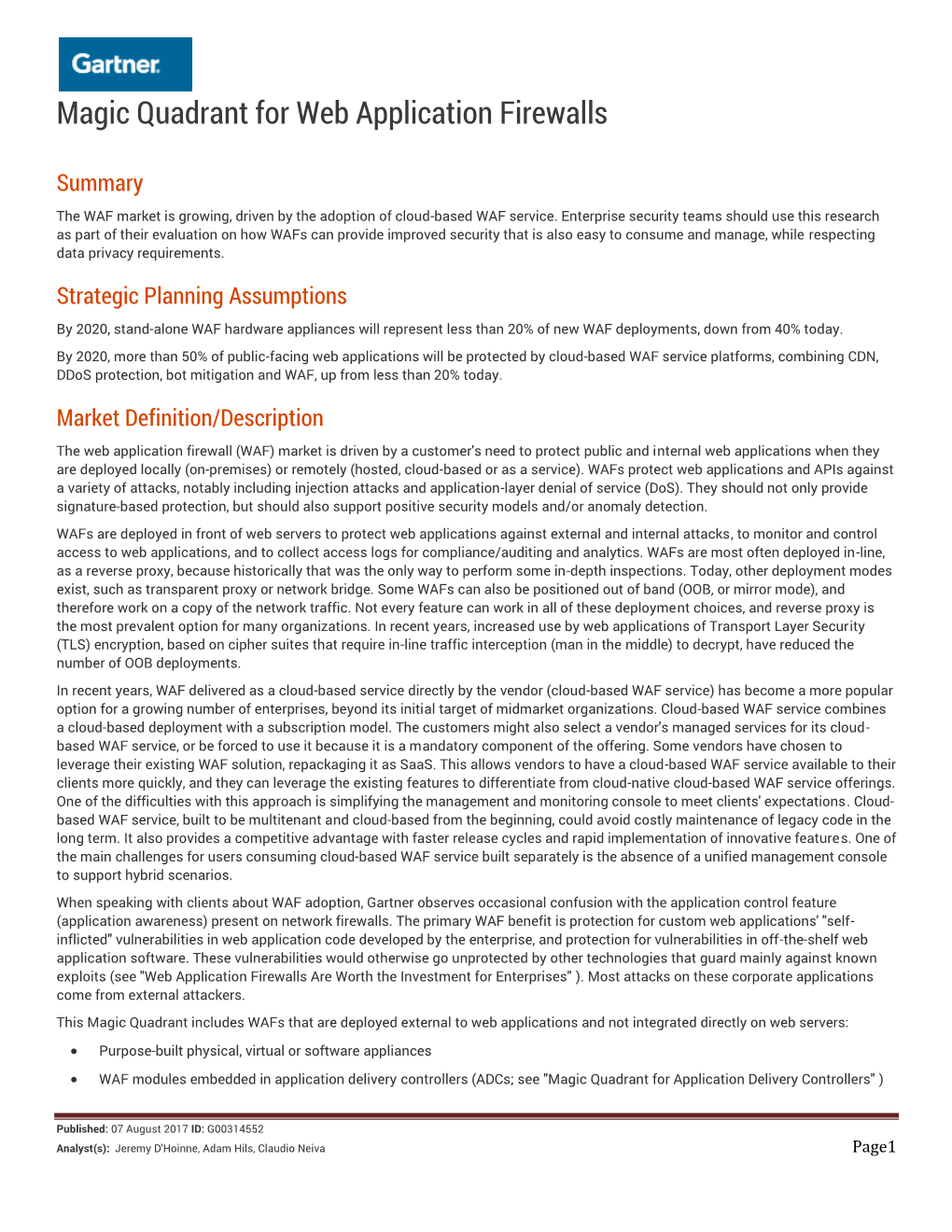 Magic Quadrant for Web Application Firewalls