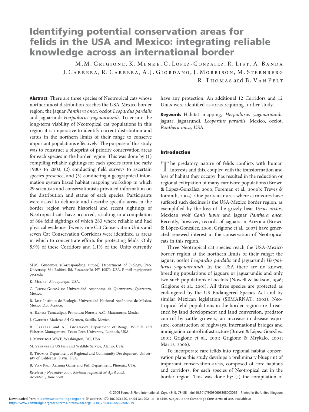 Identifying Potential Conservation Areas for Felids in the USA and Mexico: Integrating Reliable Knowledge Across an International Border