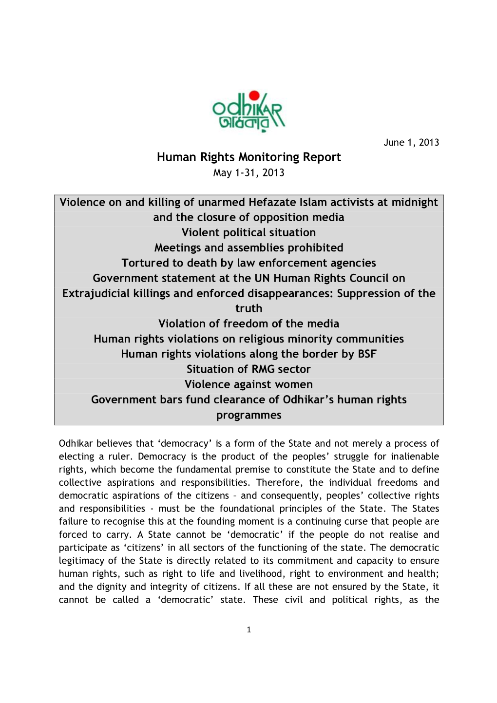 Human Rights Monitoring Report May 1-31, 2013