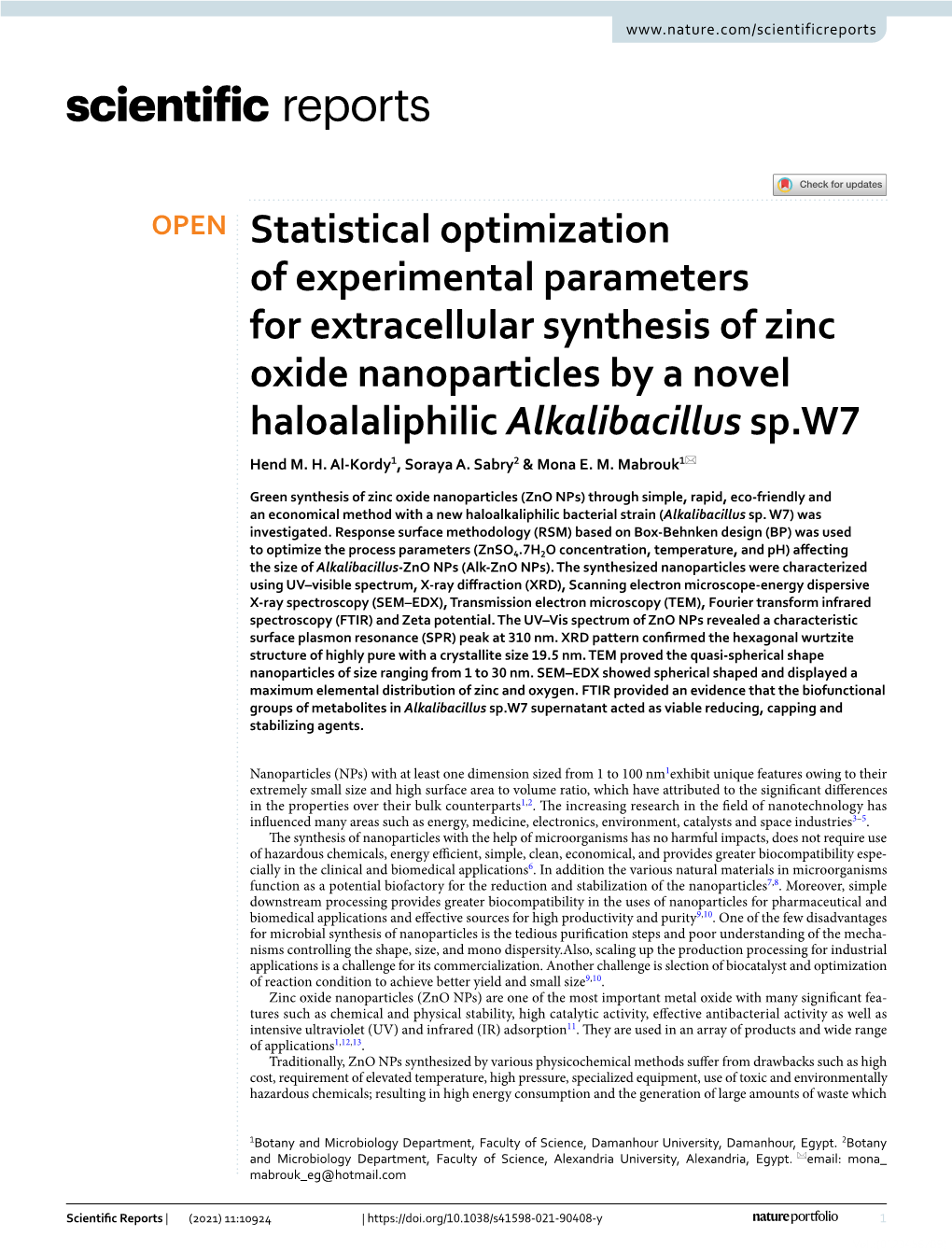 Statistical Optimization of Experimental Parameters for Extracellular Synthesis of Zinc Oxide Nanoparticles by a Novel Haloalaliphilic Alkalibacillus Sp.W7 Hend M