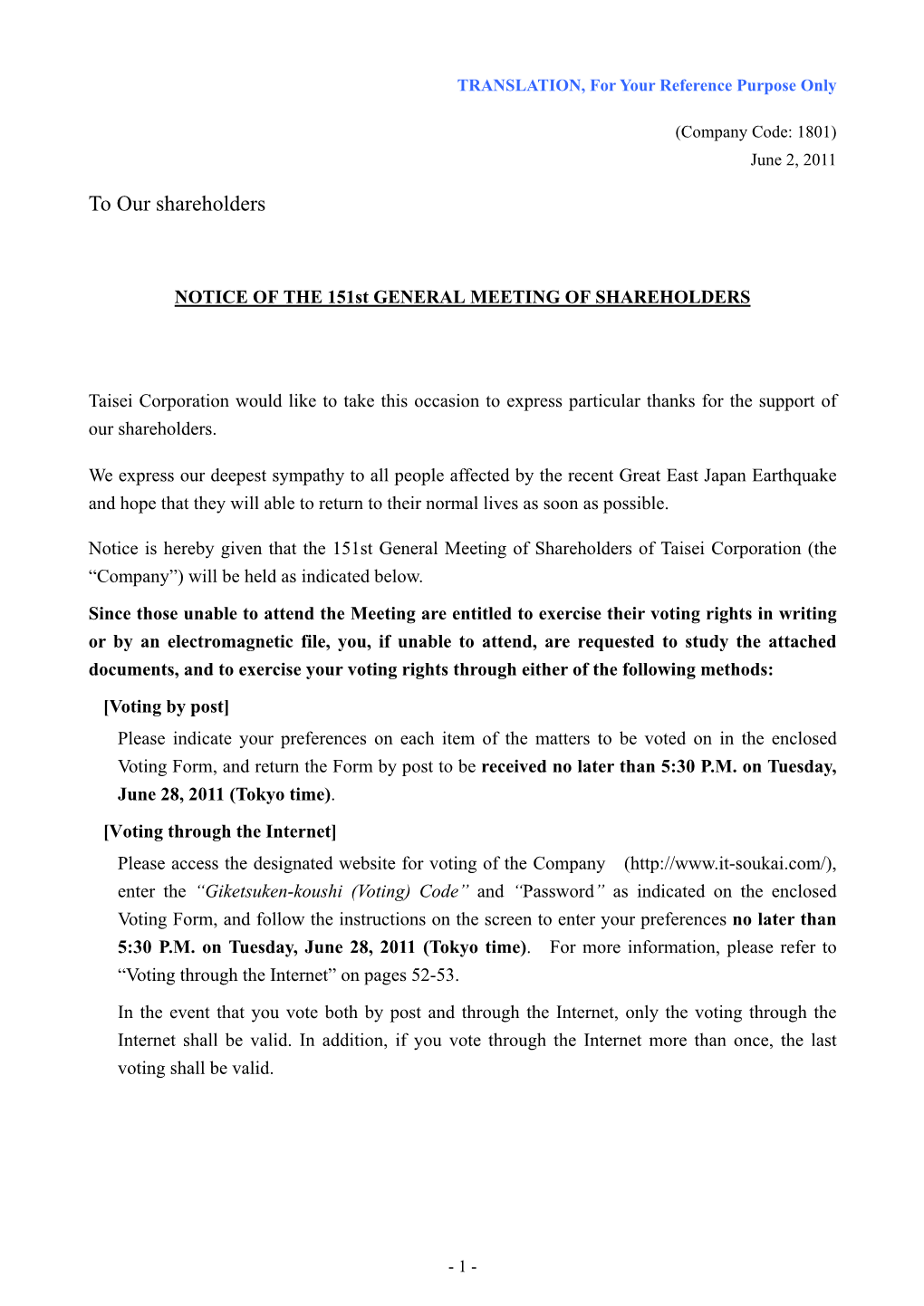 NOTICE of the 151St GENERAL MEETING of SHAREHOLDERS