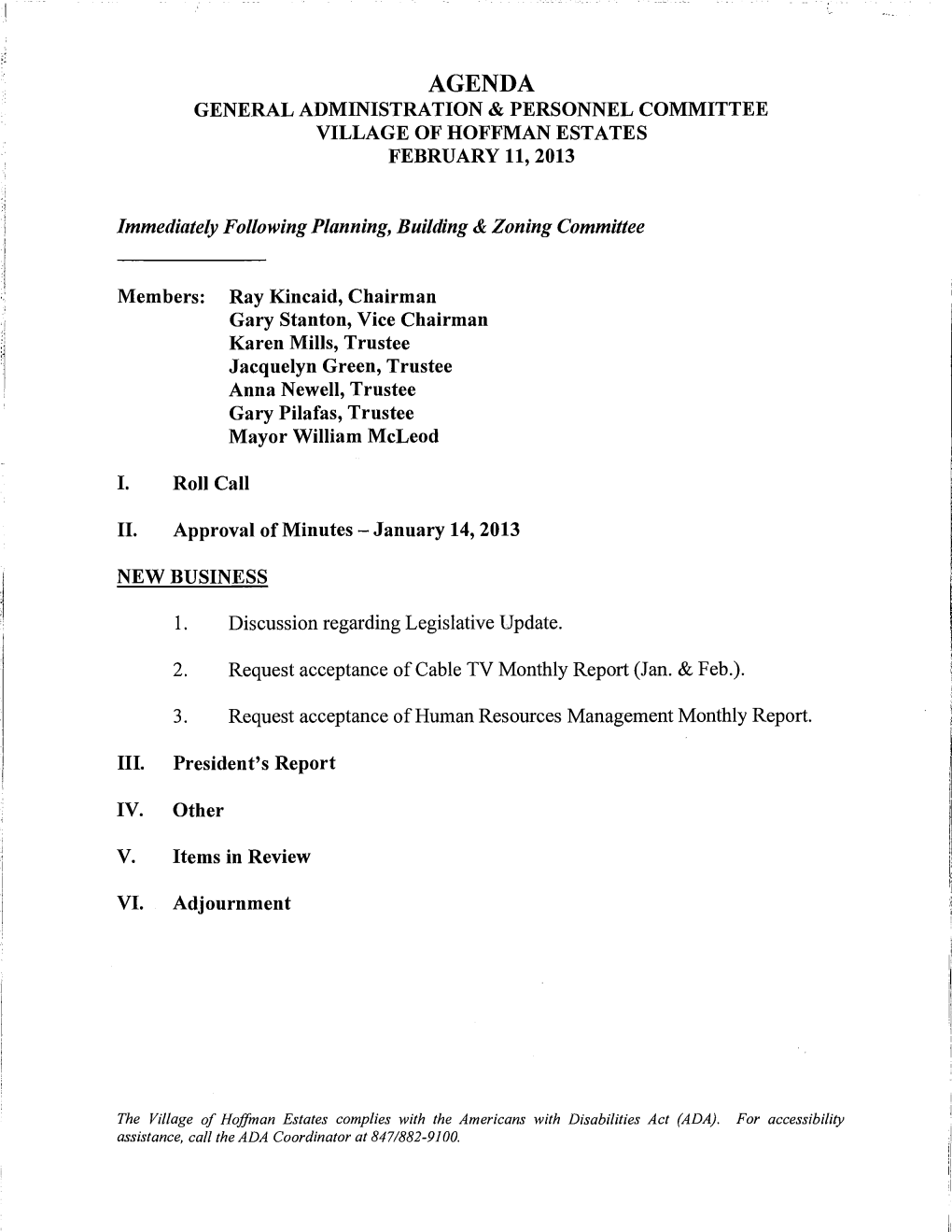 Agenda General Administration & Personnel Committee Village of Hoffman Estates February 11, 2013