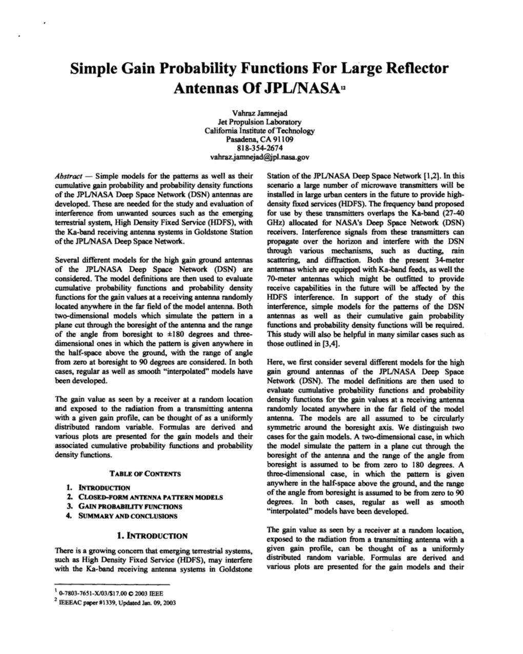 Simple Gain Probability Functions for Large Reflector Antennas of JPL/Nasau
