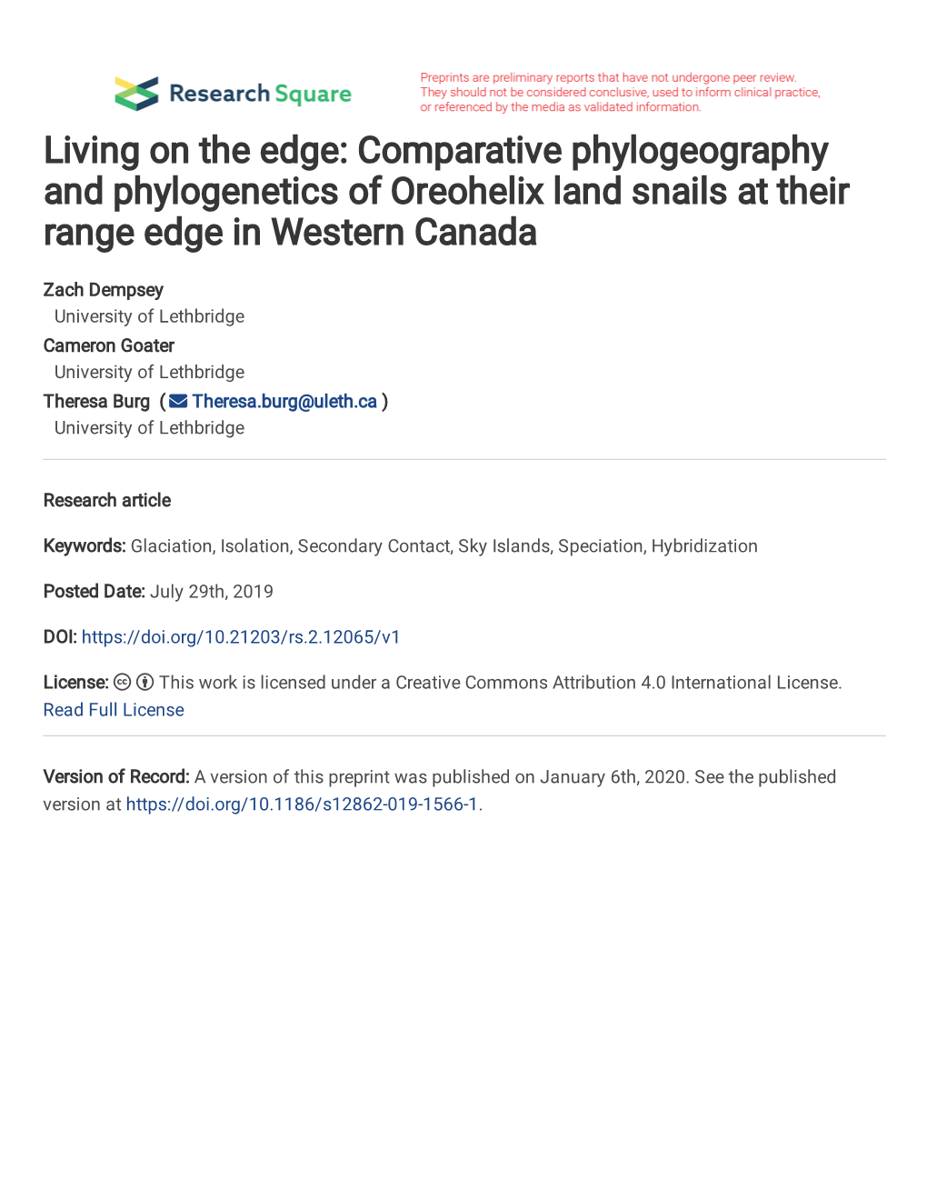 Comparative Phylogeography and Phylogenetics of Oreohelix Land Snails at Their Range Edge in Western Canada