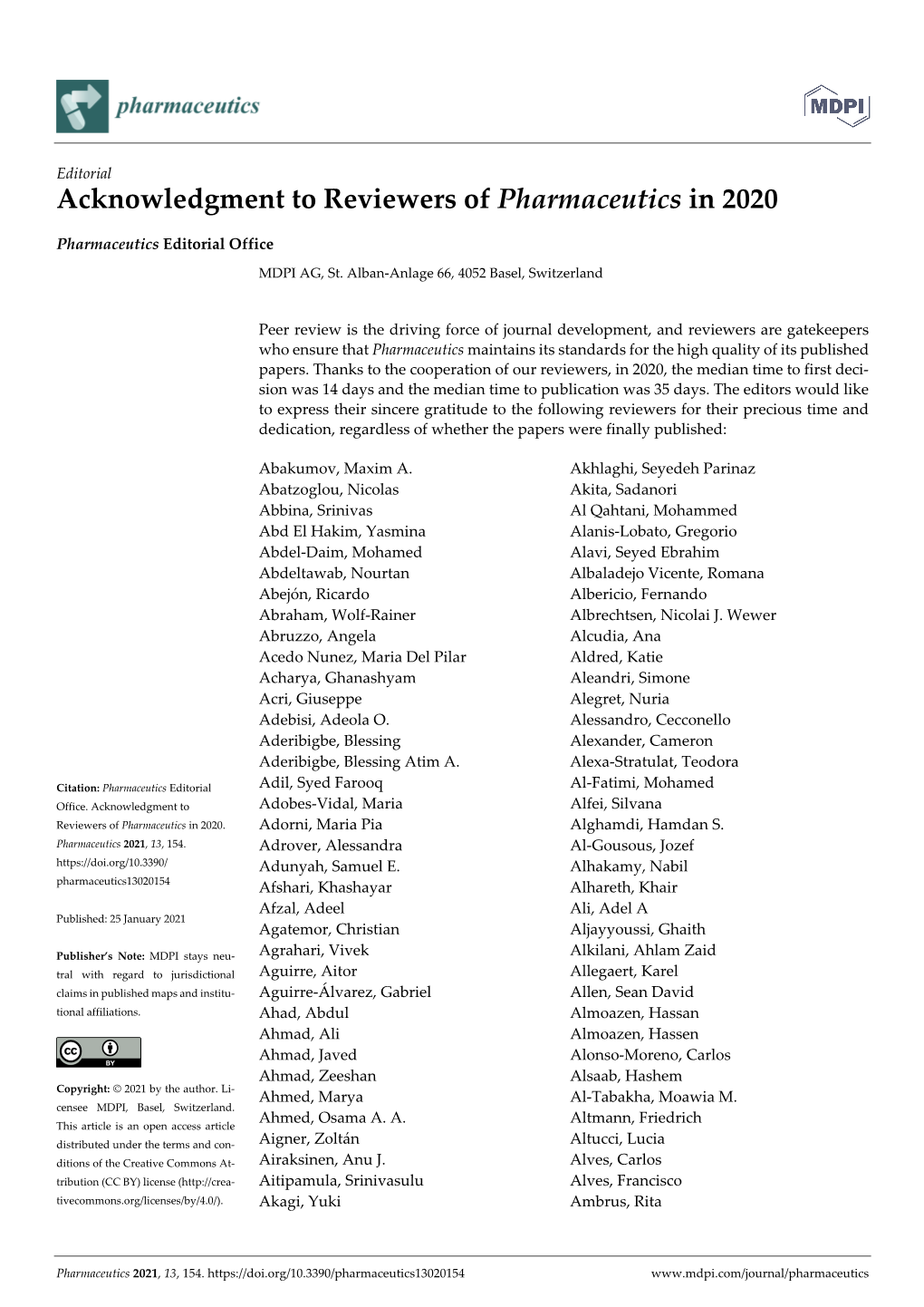 Acknowledgment to Reviewers of Pharmaceutics in 2020
