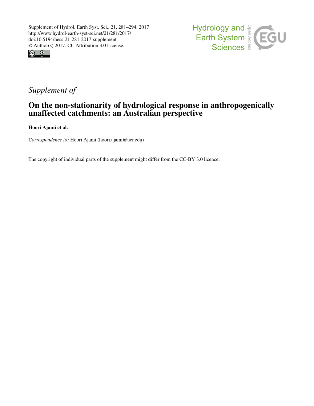 Supplement of on the Non-Stationarity of Hydrological Response in Anthropogenically Unaffected Catchments: an Australian Perspective