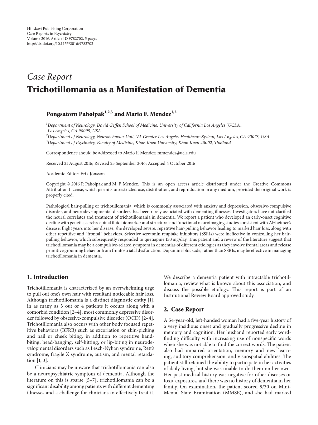 Case Report Trichotillomania As a Manifestation of Dementia
