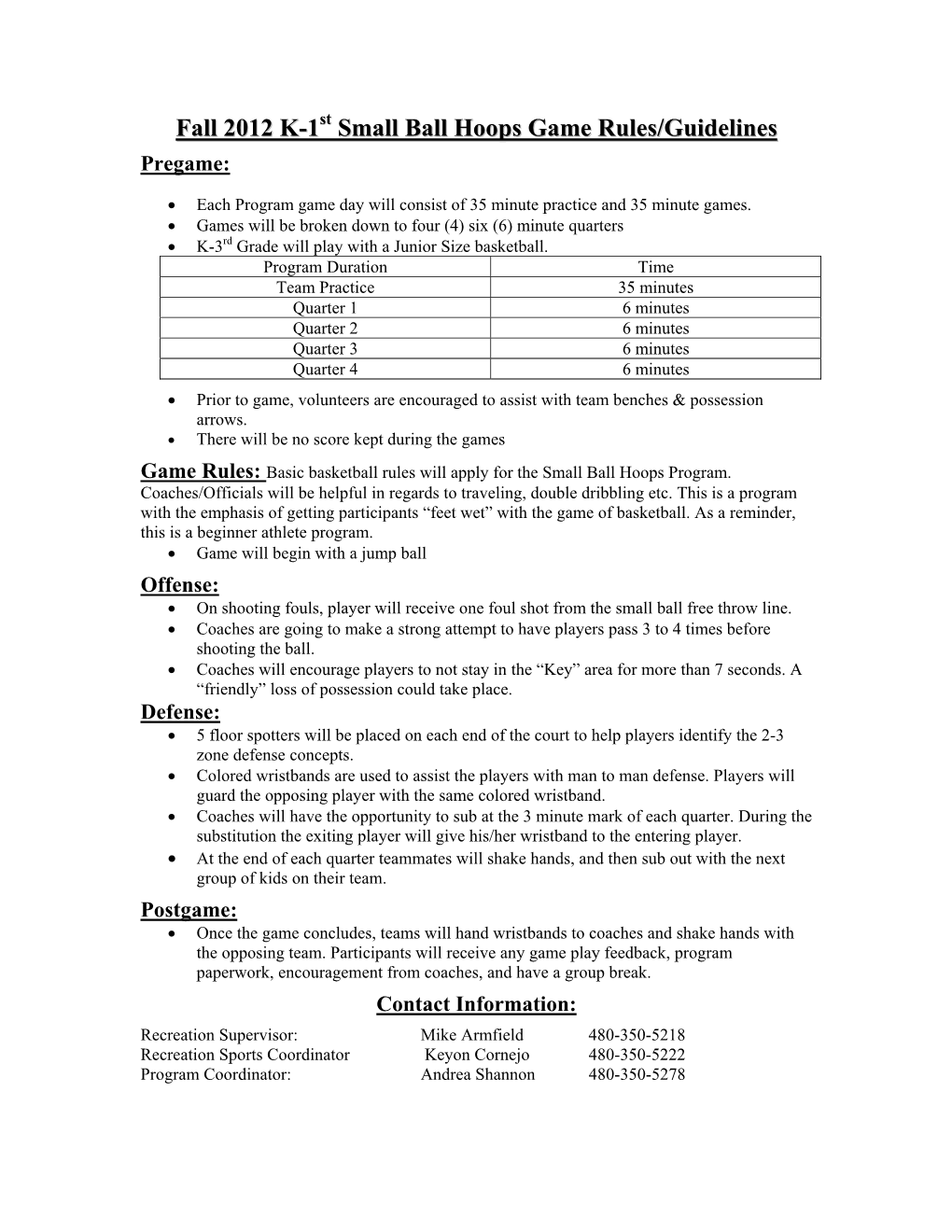 Fall 2012 K-1 Small Ball Hoops Game Rules/Guidelines