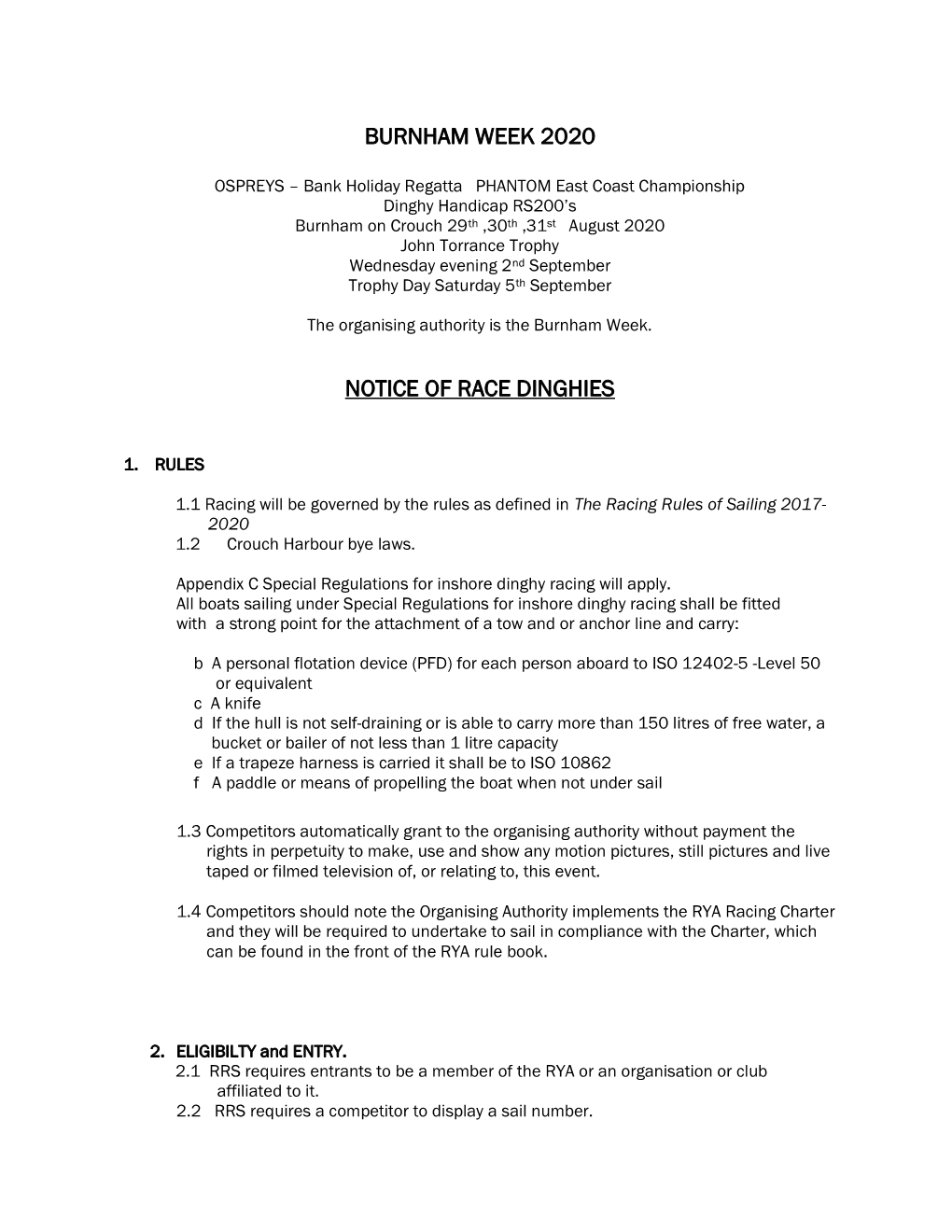 Burnham Week 2020 Notice of Race Dinghies