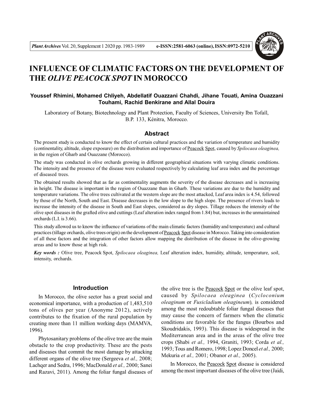 Influence of Climatic Factors on the Development of the Olive Peacock Spot in Morocco