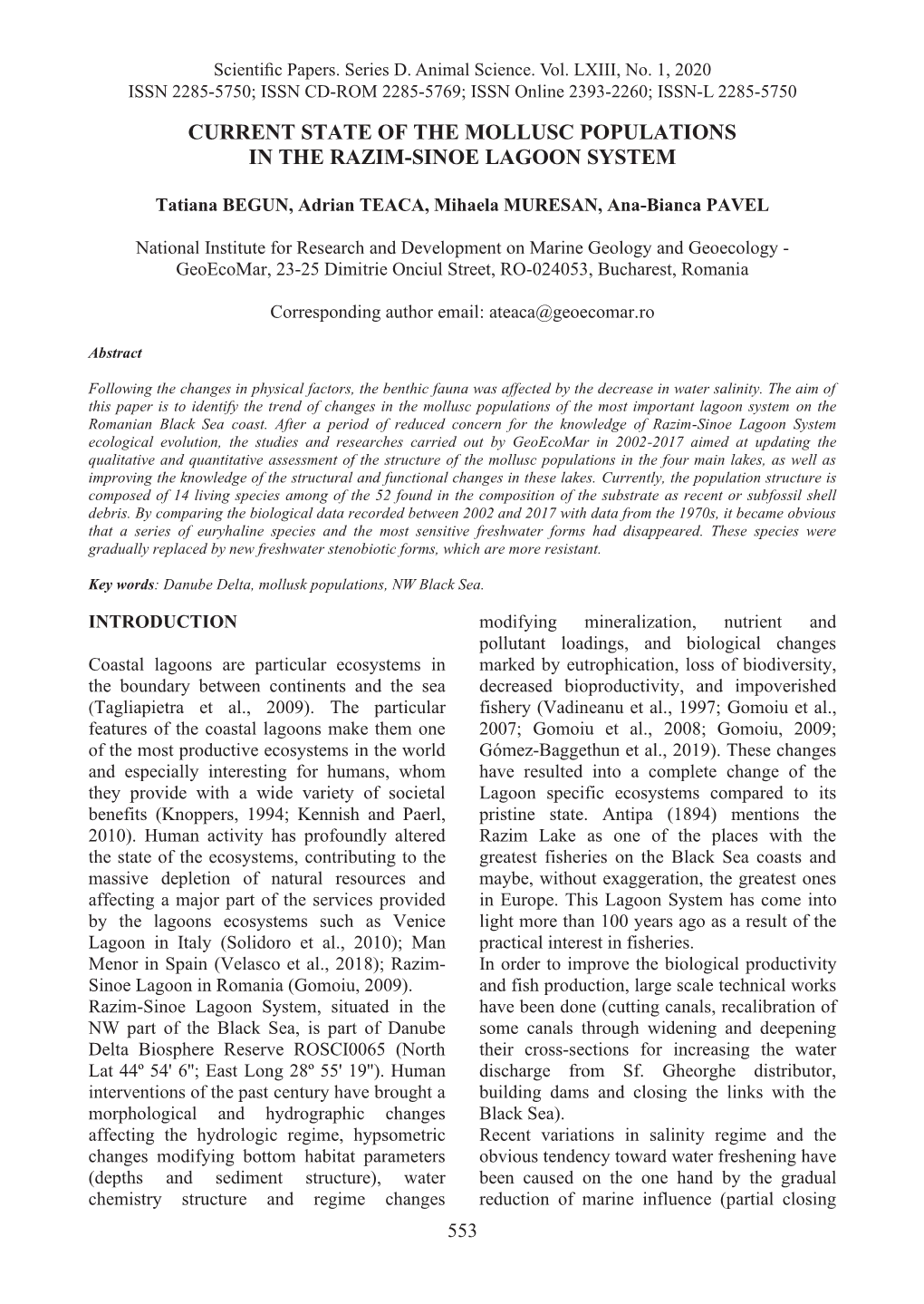 Current State of the Mollusc Populations in the Razim-Sinoe Lagoon System