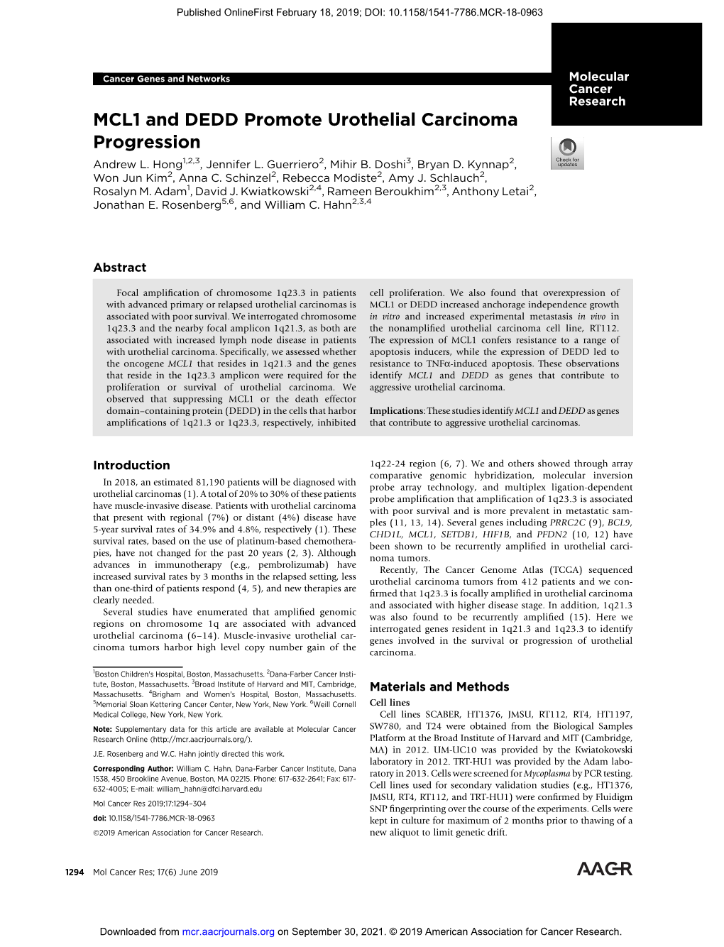 MCL1 and DEDD Promote Urothelial Carcinoma Progression Andrew L