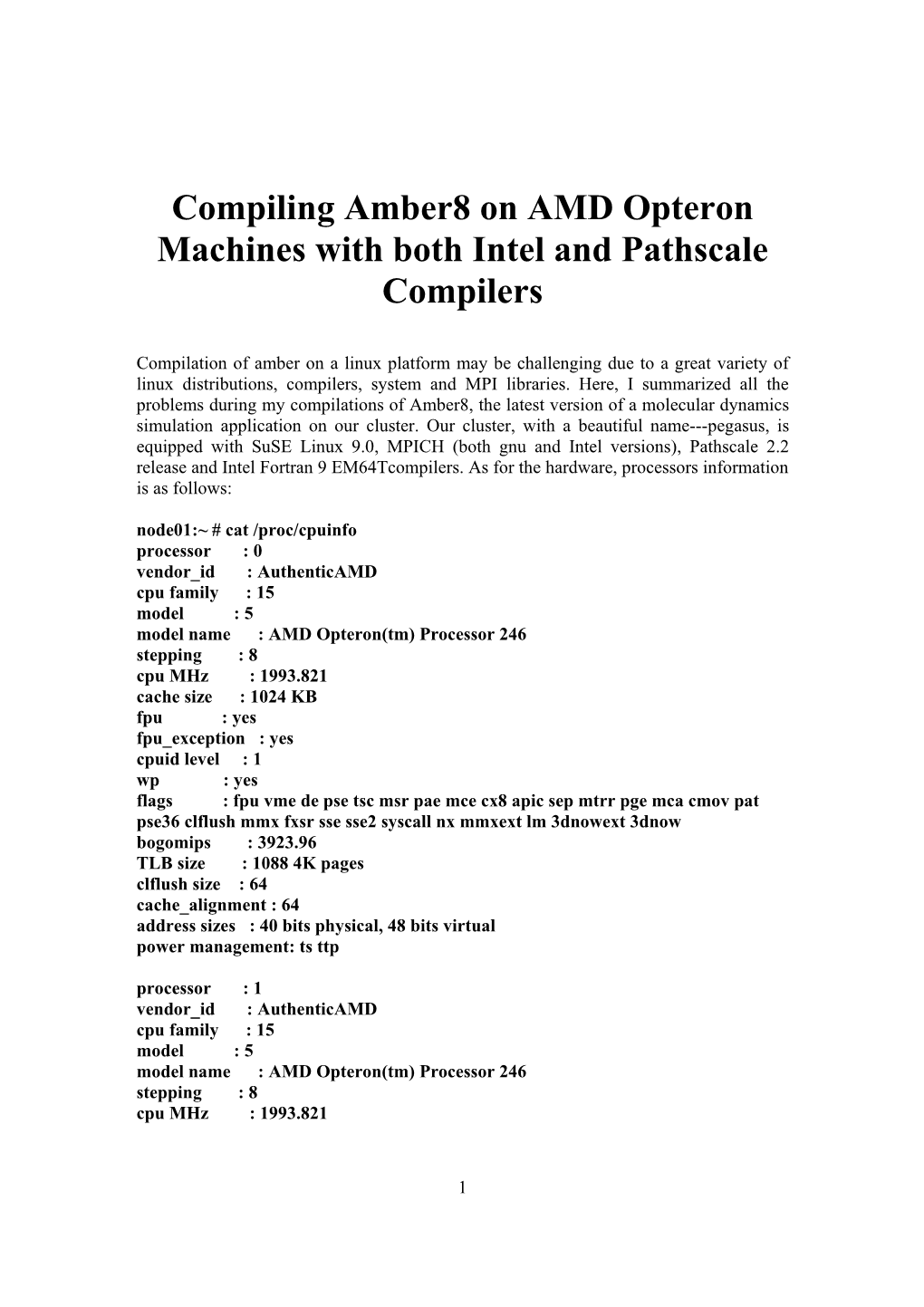 Compiling Amber8 on AMD Opteron Machines with Both Intel and Pathscale Compilers