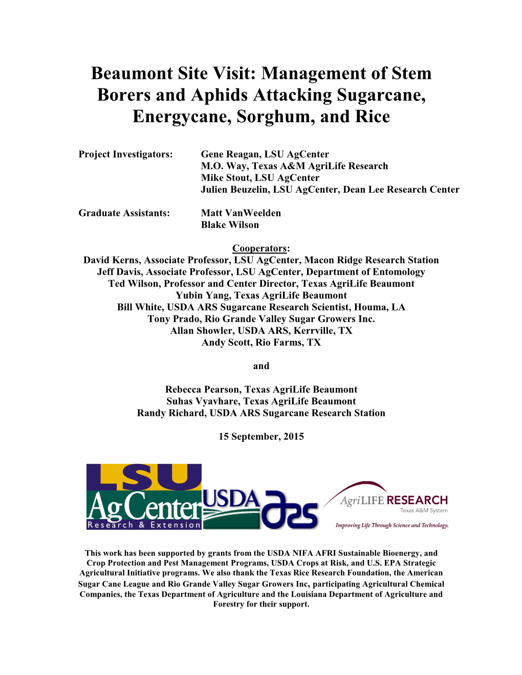 Beaumont Site Visit: Management of Stem Borers and Aphids Attacking Sugarcane, Energycane, Sorghum, and Rice