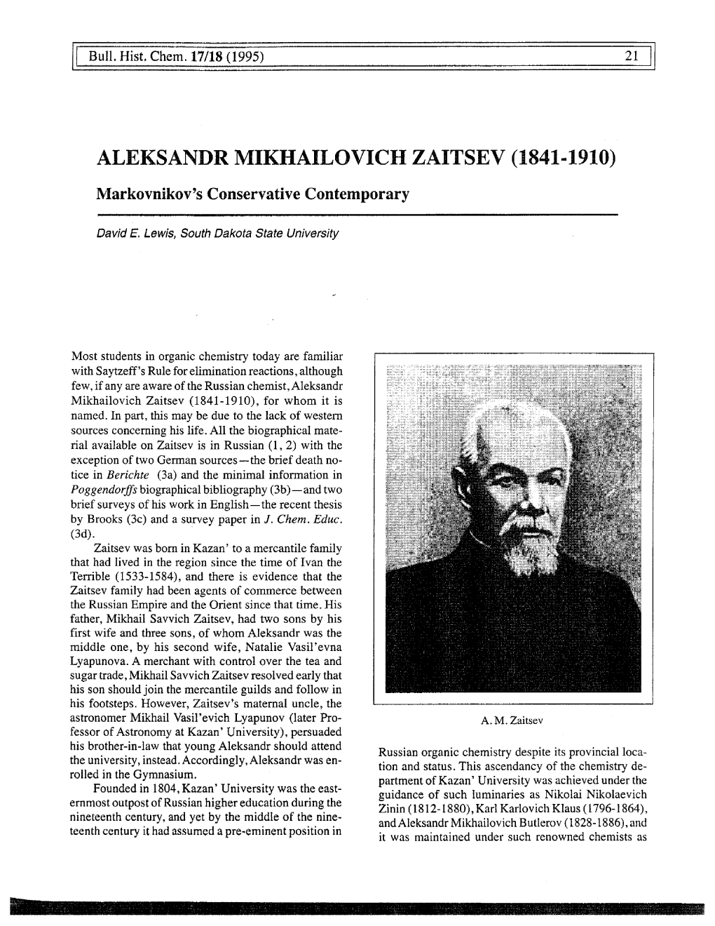 ALEKSANDR MIKHAILOVICH ZAITSEV (1841-1910) Markovnikov's Conservative Contemporary