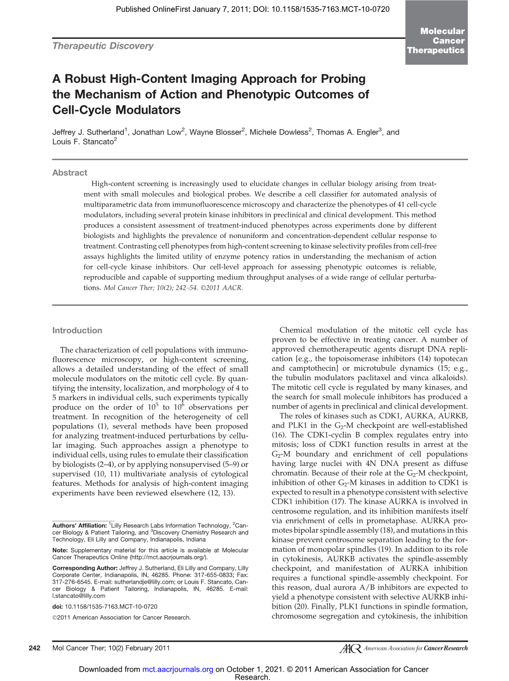 A Robust High-Content Imaging Approach for Probing the Mechanism of Action and Phenotypic Outcomes of Cell-Cycle Modulators