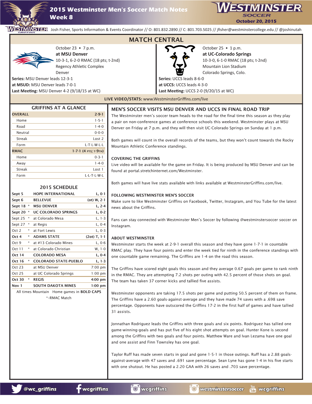 RMACMSOC 2015 Westminster Men's Soccer Match Notes Week 8