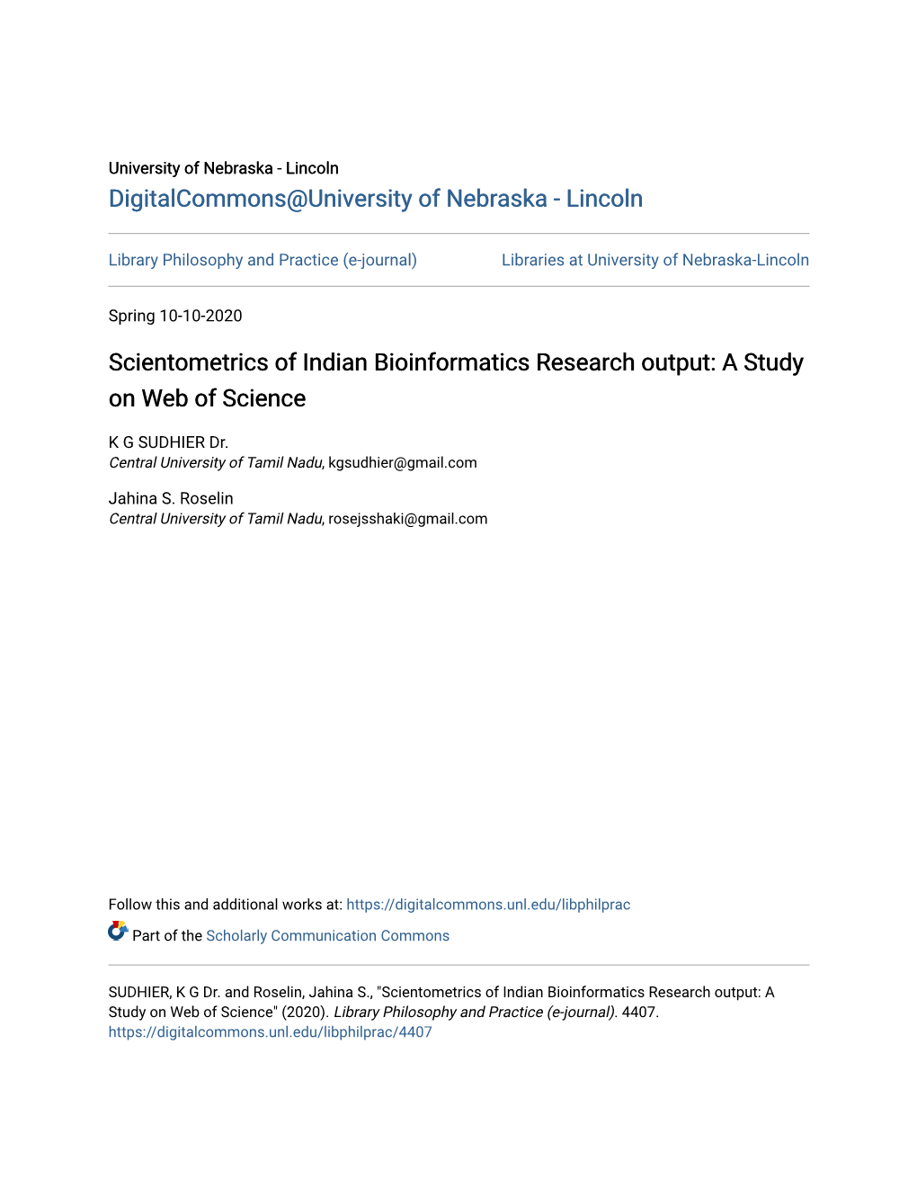 Scientometrics of Indian Bioinformatics Research Output: a Study on Web of Science