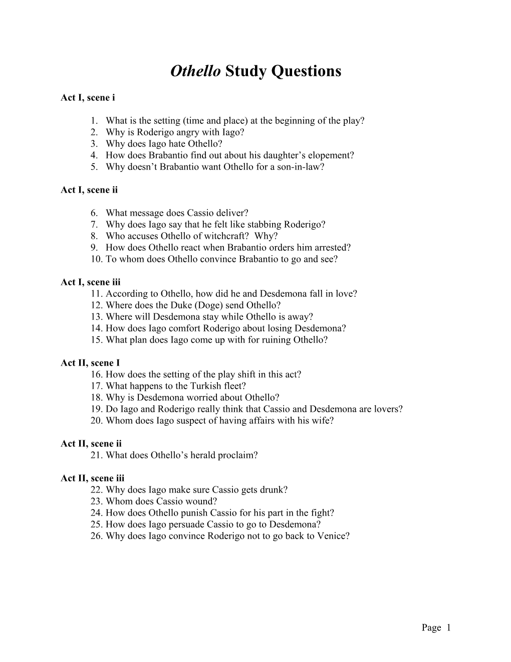 Othello Study Questions