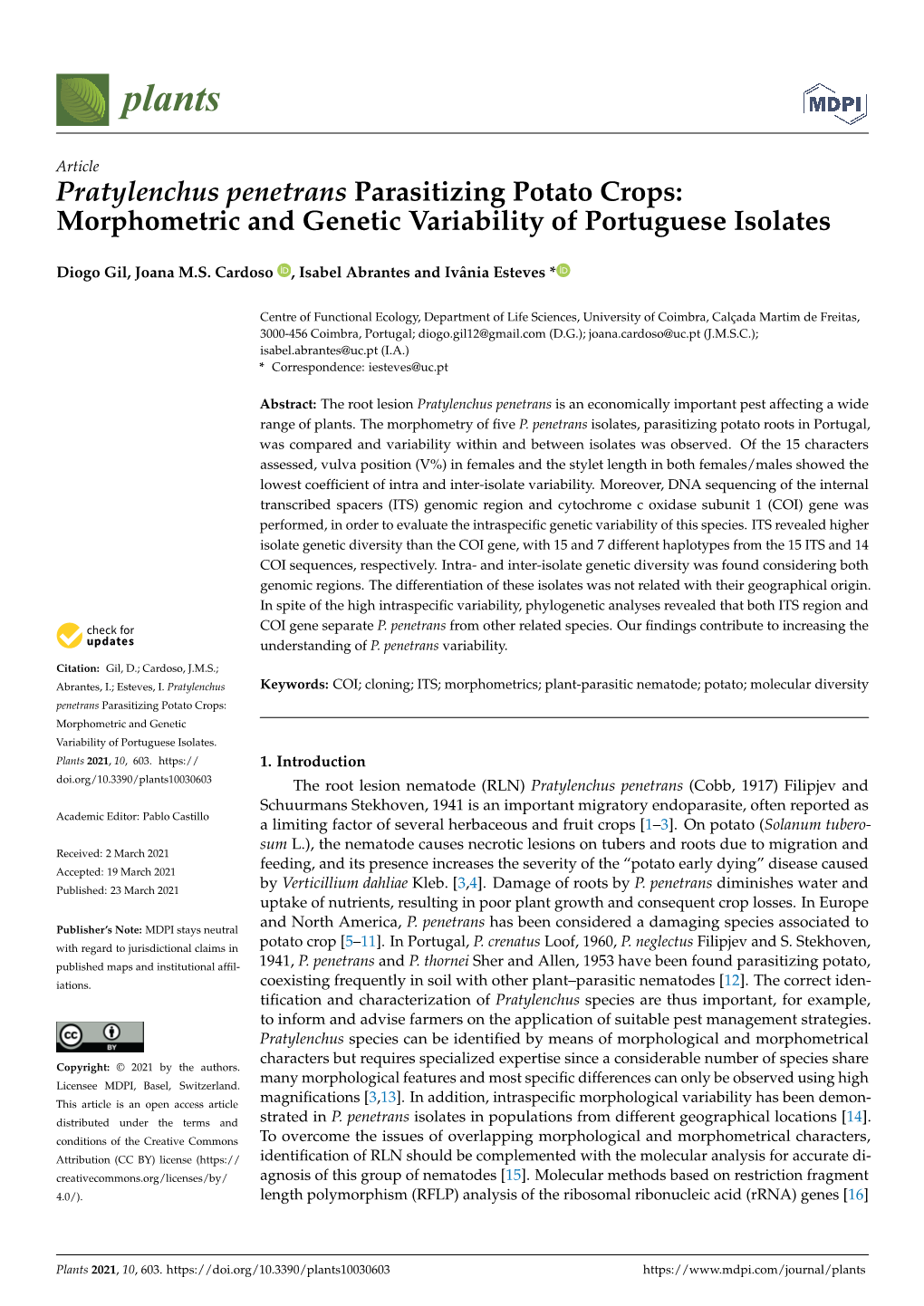Pratylenchus Penetrans Parasitizing Potato Crops: Morphometric and Genetic Variability of Portuguese Isolates