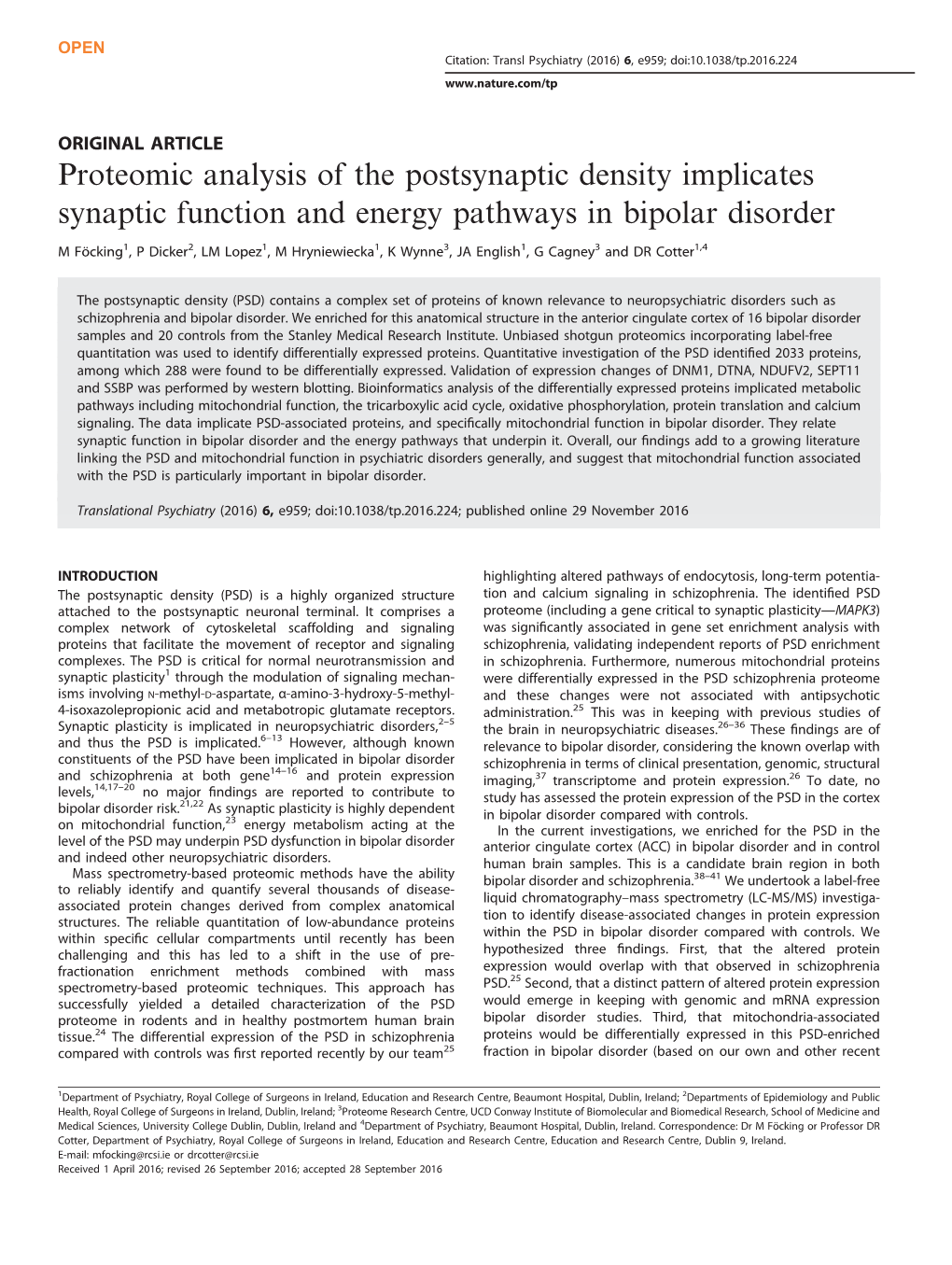 Proteomic Analysis of the Postsynaptic Density Implicates Synaptic Function and Energy Pathways in Bipolar Disorder