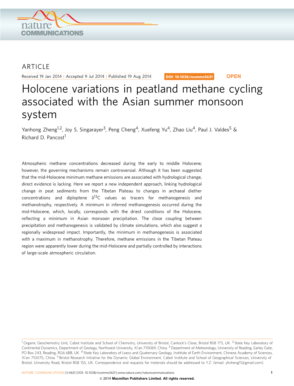 Holocene Variations in Peatland Methane Cycling Associated with the Asian Summer Monsoon System