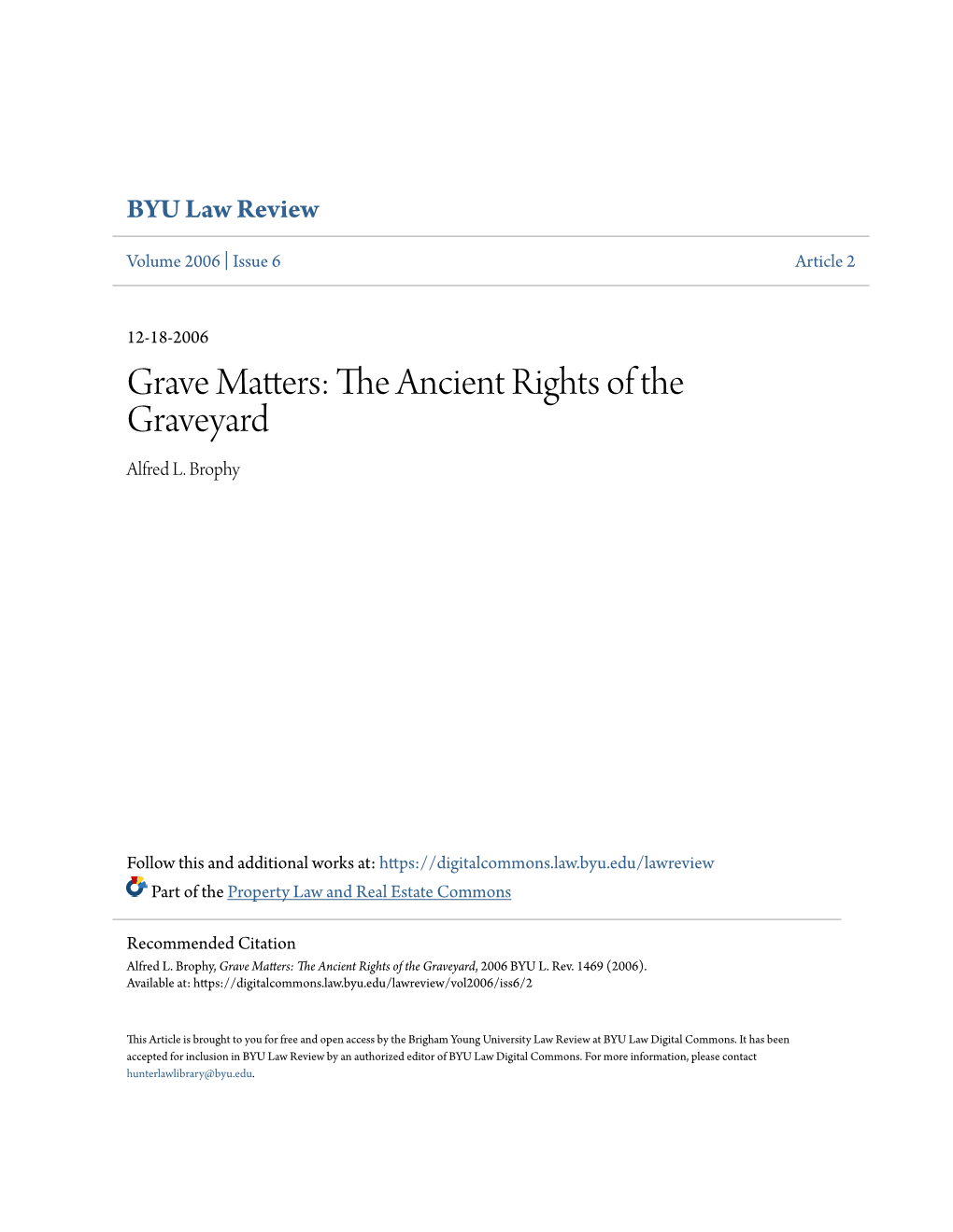 Grave Matters: the Ancient Rights of the Graveyard Alfred L