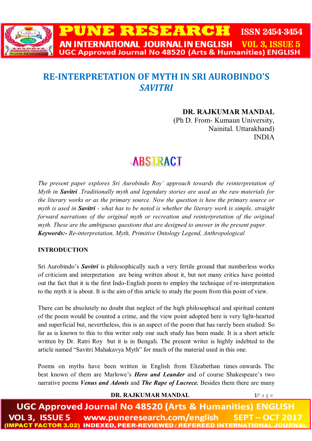 Re-Interpretation of Myth in Sri Aurobindo's Savitri