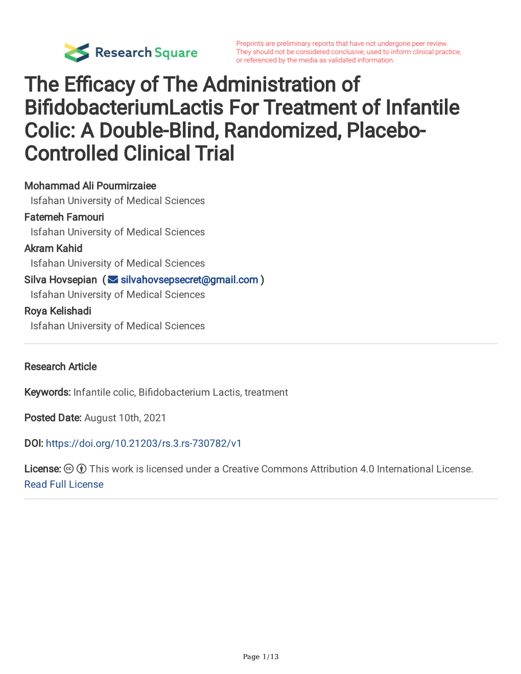 The E Cacy of the Administration of Bi Dobacteriumlactis for Treatment Of