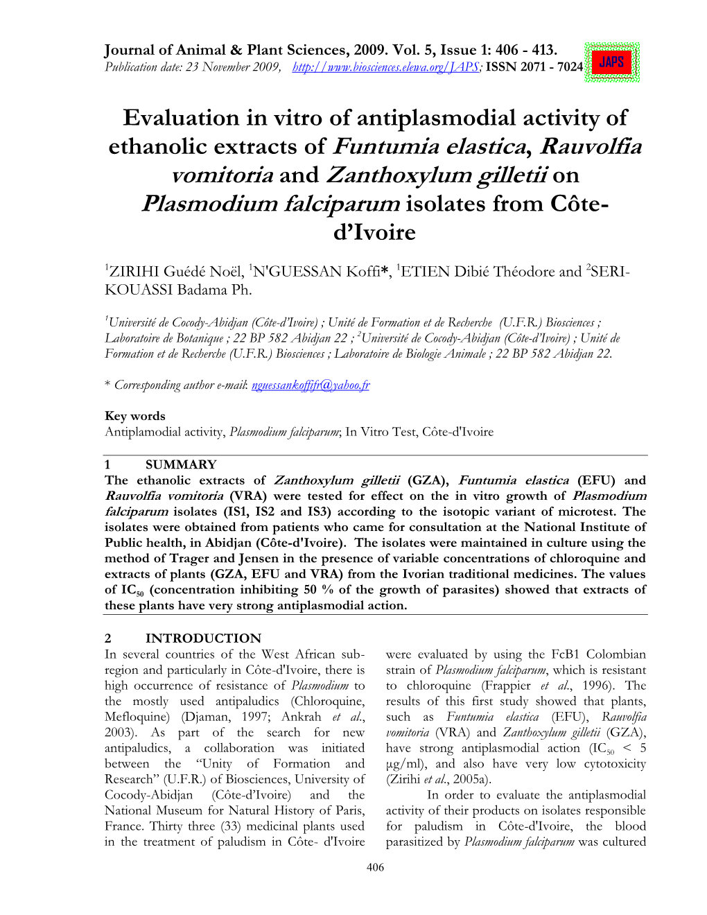 Evaluation in Vitro of Antiplasmodial Activity of Ethanolic Extracts Of