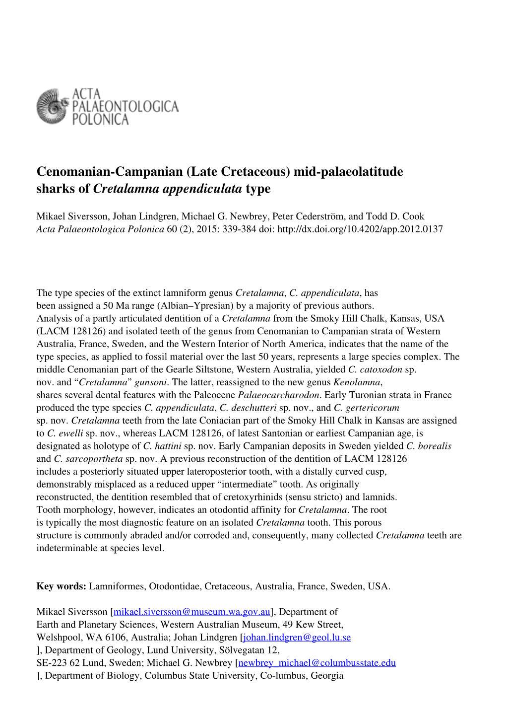 Late Cretaceous) Mid-Palaeolatitude Sharks of Cretalamna Appendiculata Type