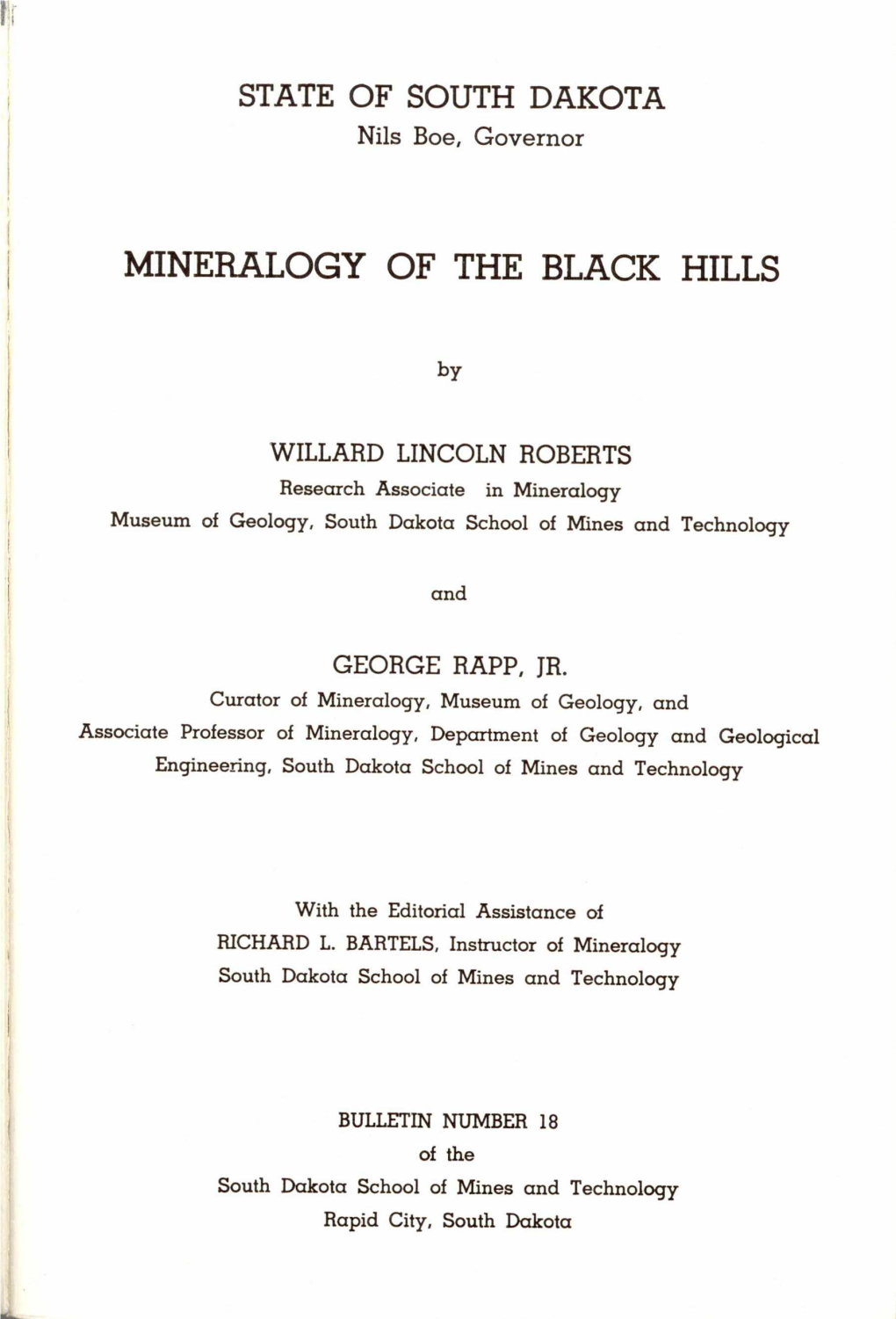 State of South Dakota Mineralogy of the Black Hills