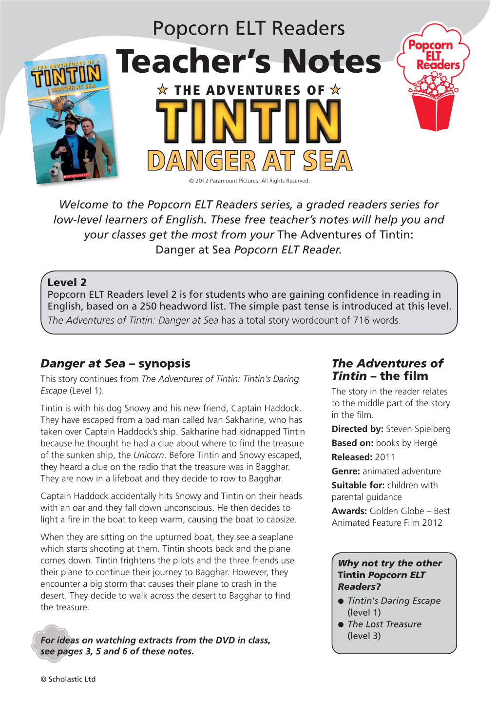 The Adventures of Tintin: Danger at Sea Popcorn ELT Reader