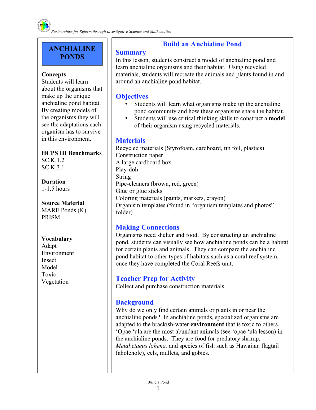 Build an Anchialine Pond Summary Objectives Materials Making