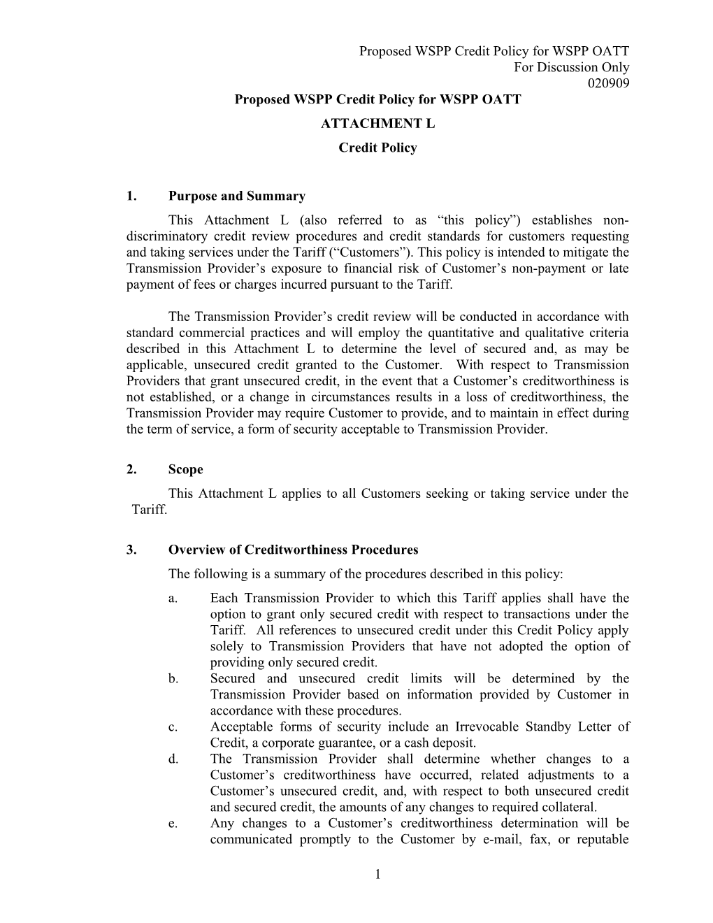 Proposed WSPP Credit Policy for WSPP OATT