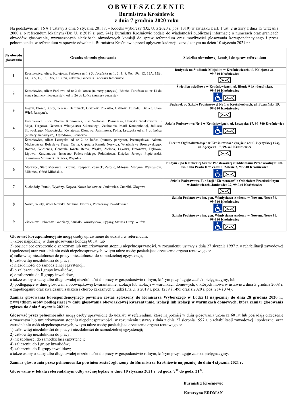 OBWIESZCZENIE Burmistrza Krośniewic Z Dnia 7 Grudnia 2020 Roku