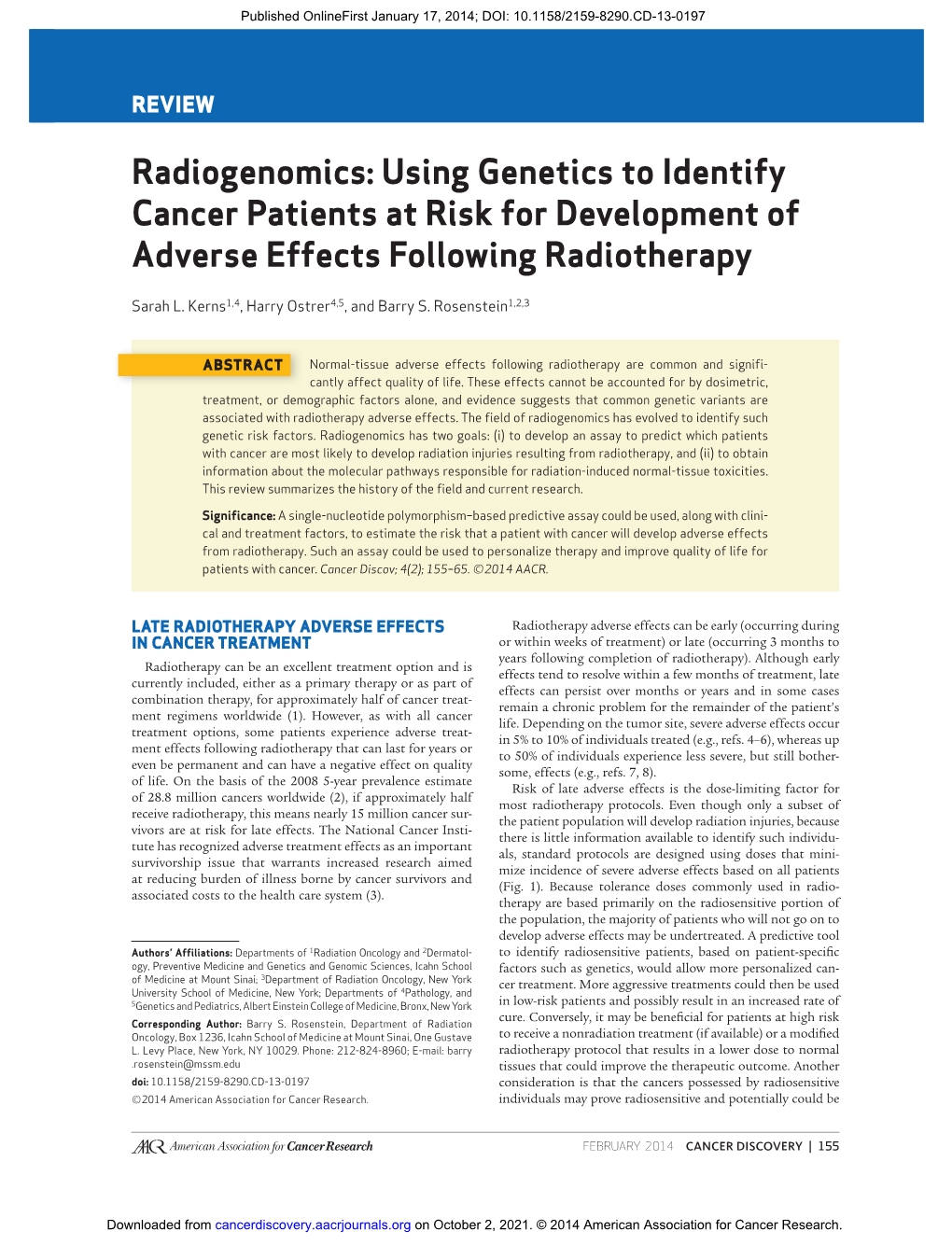 Radiogenomics : Using Genetics to Identify Cancer Patients at Risk for Development of Adverse Effects Following Radiotherapy