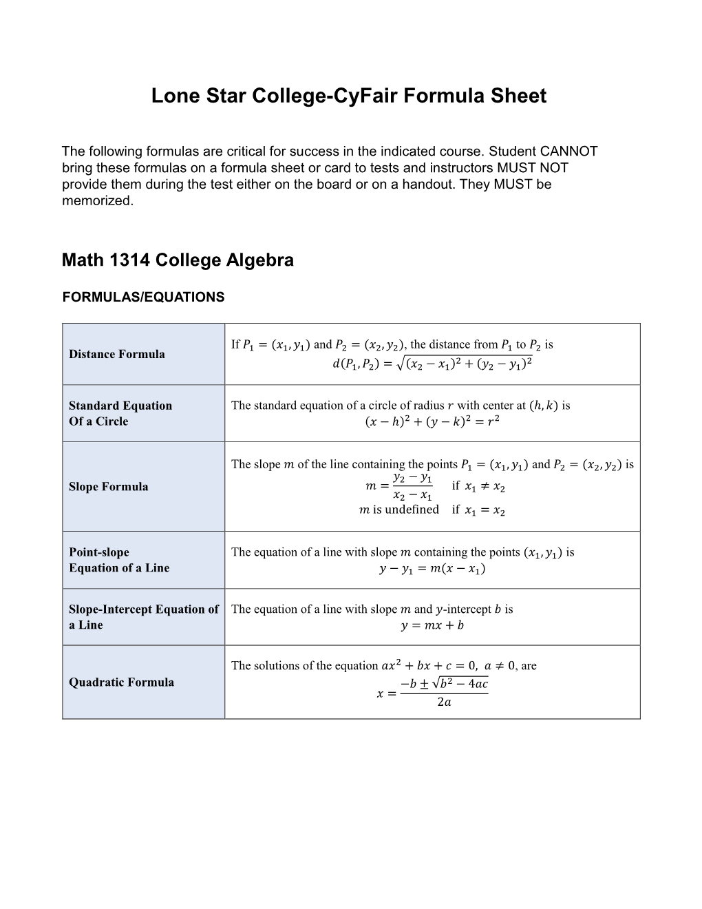 Lone Star College-Cyfair Formula Sheet