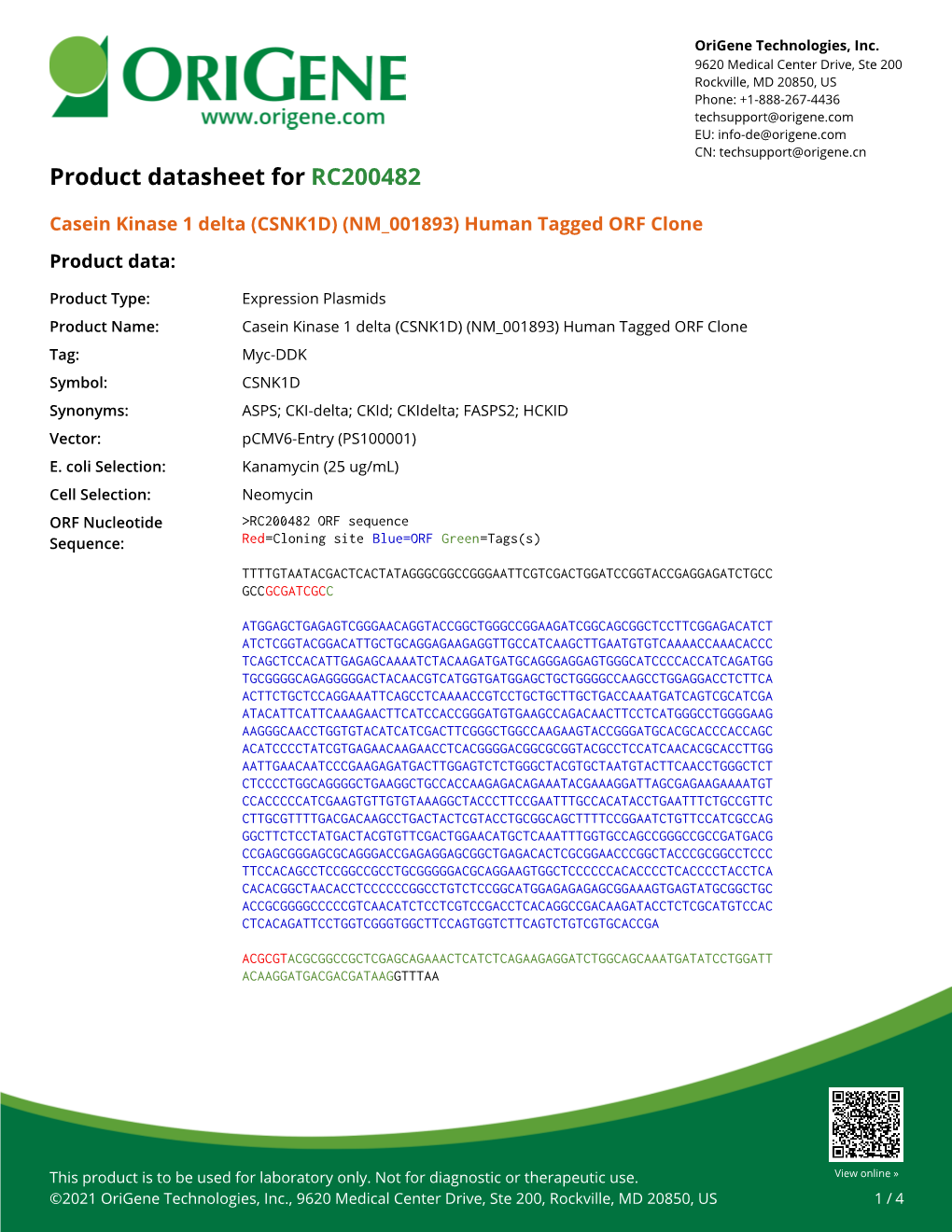 Casein Kinase 1 Delta (CSNK1D) (NM 001893) Human Tagged ORF Clone Product Data