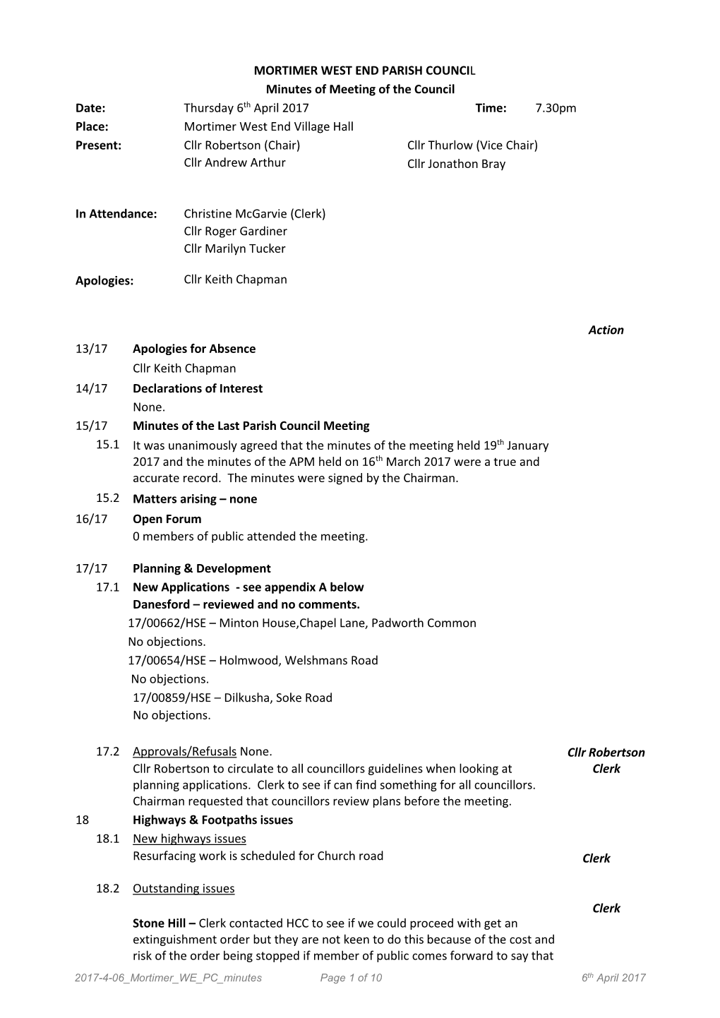 MORTIMER WEST END PARISH COUNCIL Minutes of Meeting of The