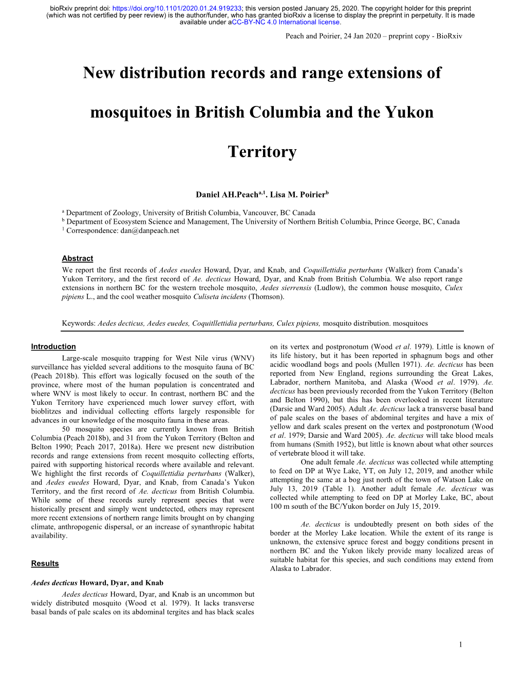 New Distribution Records and Range Extensions of Mosquitoes in British