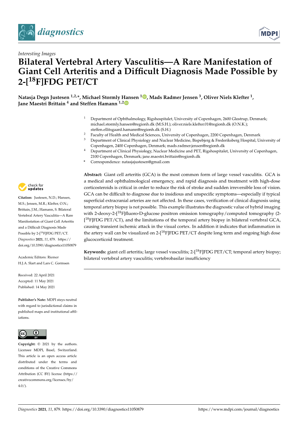 Bilateral Vertebral Artery Vasculitis—A Rare Manifestation of Giant Cell Arteritis and a Difﬁcult Diagnosis Made Possible by 2-[18F]FDG PET/CT